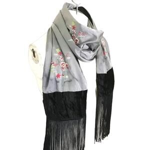 CHRISTIAN LIVINGSTON Floral Embroidered Double Sided Velvet Fringed Scarf